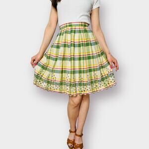 Vintage 70s Green Yellow Plaid Skirt‎ with Cut-Out Edges